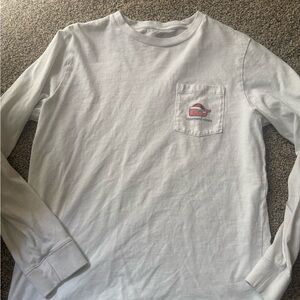 Vineyard Vines White Long Sleeve Pocket Tee with Pink Whale